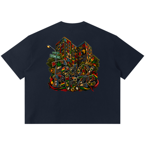 Shop the ENY Bearatoo Sorona Boxy Tee, a unisex Teddy Blaze graphic tee connecting East New York, AfroBohemian style and Afrodemia Americana.