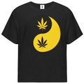 A black short-sleeve crewneck t-shirt featuring a yellow and black yin-yang graphic on the chest, with cannabis leaves integrated into each half of the design.