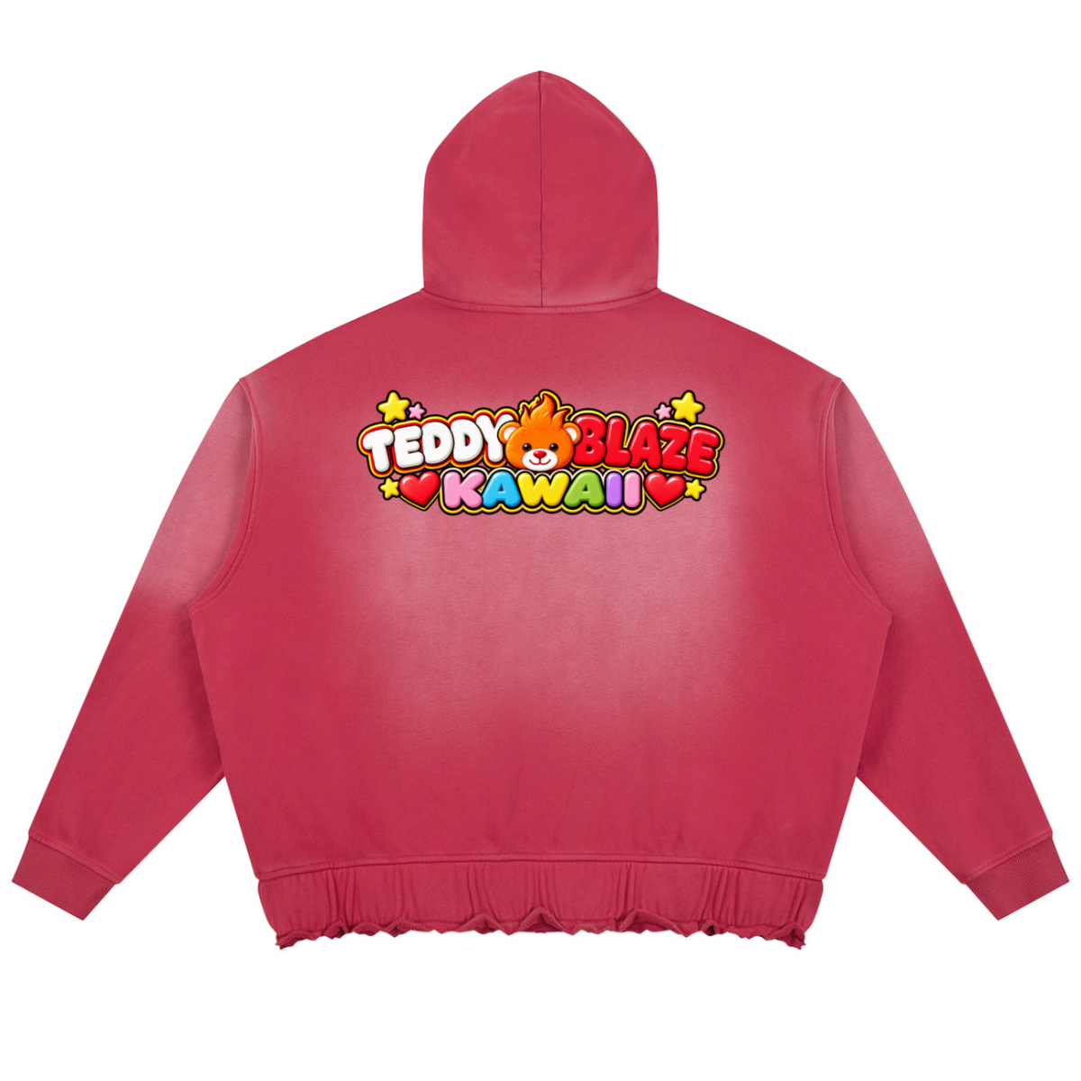 A pink cropped zip-up hoodie shown from the back, featuring a colorful 'TEDDY BLAZE KAWAII' graphic with a cartoon bear and hearts across the upper back.
