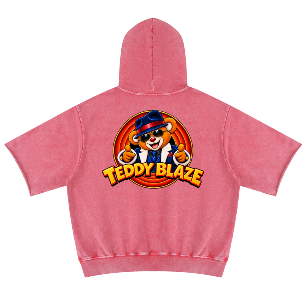 Elevate your warm-weather layers with the House of Teddy Blaze Mr Blaze Snow Short Sleeve Cotton Hoodie. Dusty rose snow-washed cotton fleece, raw-edge short sleeves, and fedora bear graphics. Shop NYC to Vegas style.