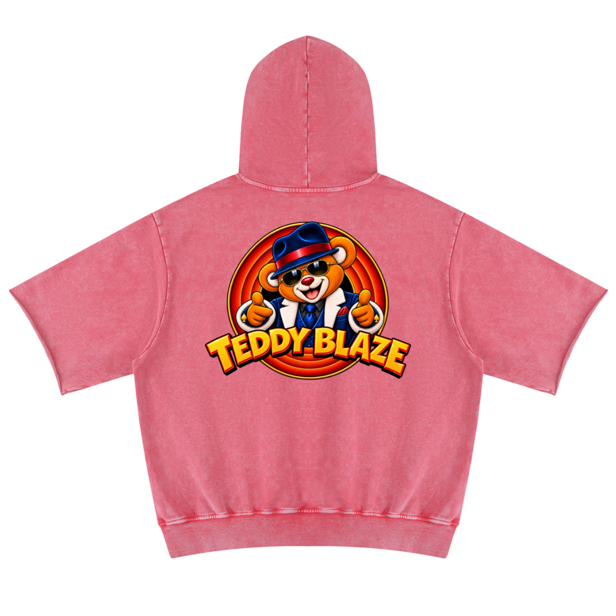 Elevate your warm-weather layers with the House of Teddy Blaze Mr Blaze Snow Short Sleeve Cotton Hoodie. Dusty rose snow-washed cotton fleece, raw-edge short sleeves, and fedora bear graphics. Shop NYC to Vegas style.