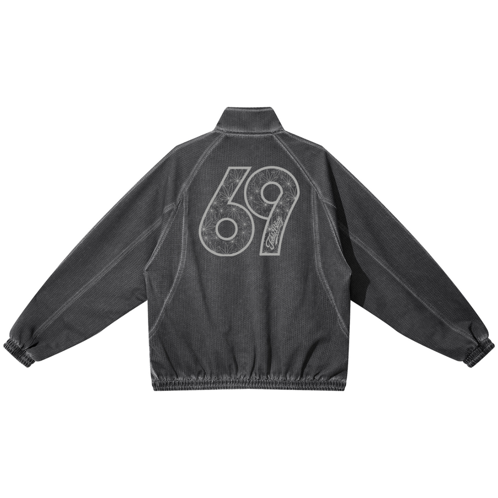 Black jacket with a design on the back against a white background