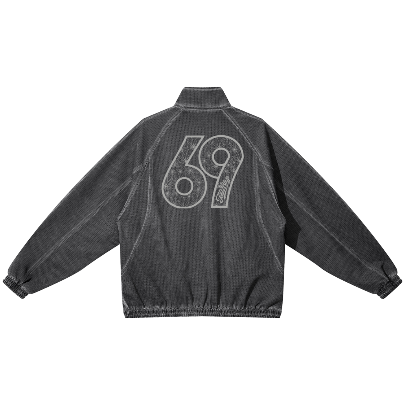 Black jacket with a design on the back against a white background