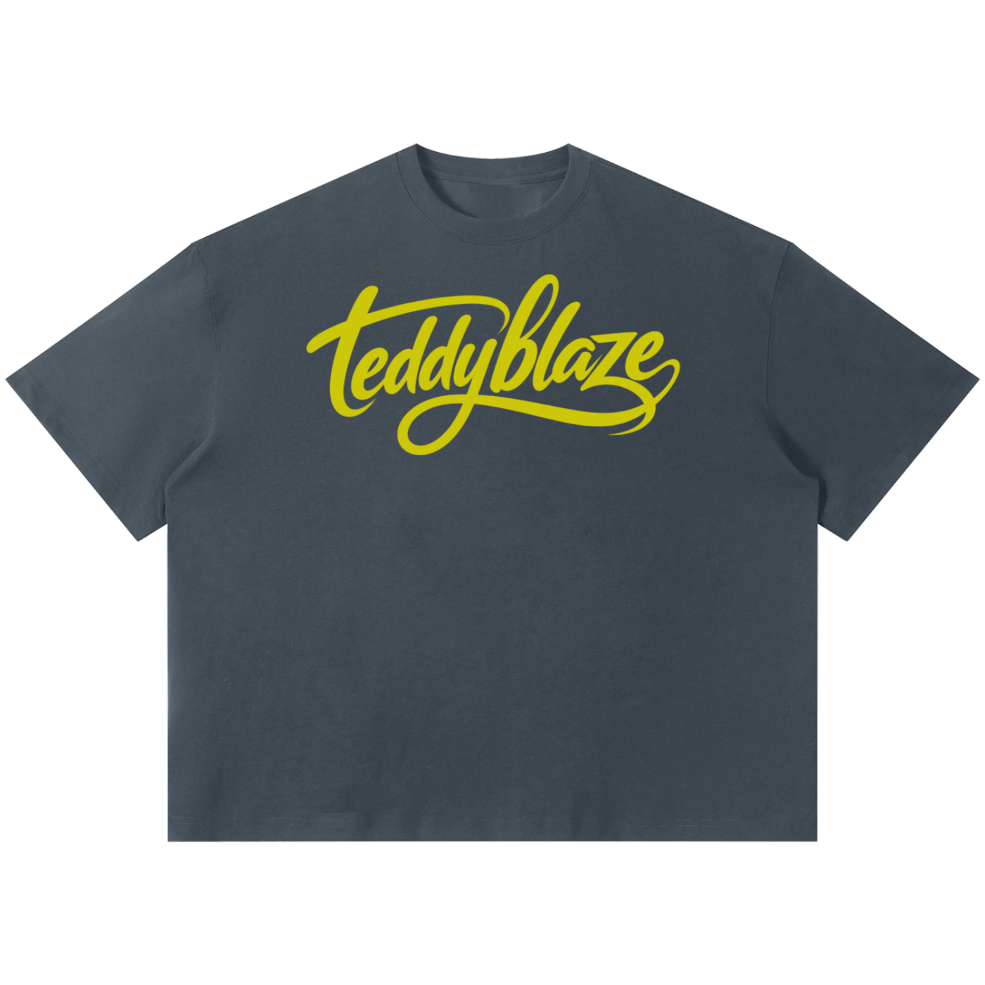 Shop the Signature Boxy Tee by Teddy Blaze. 220 GSM cotton-poly oversized drop-shoulder t-shirt with yellow script logo from TOPS BY TEDDY BLAZE.