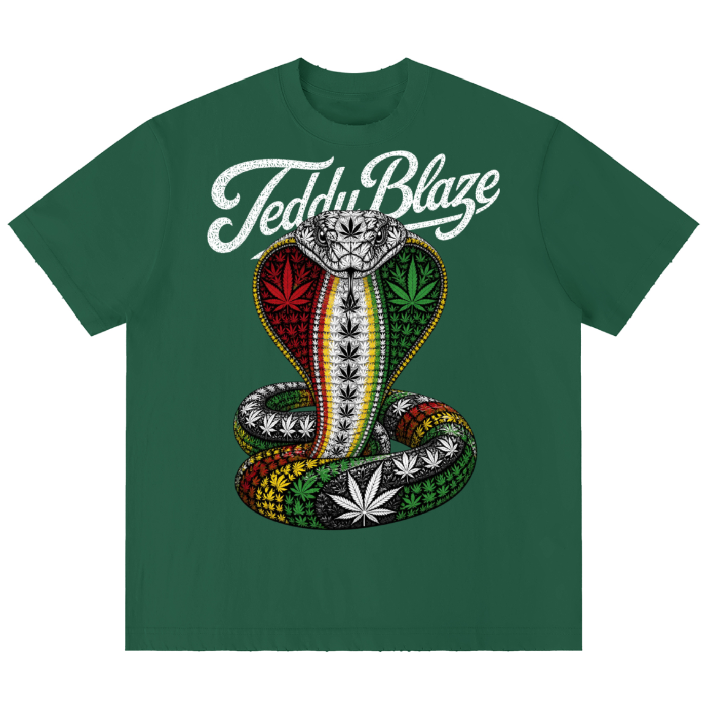 A dark green short-sleeve t-shirt featuring a graphic of a coiled snake decorated with cannabis leaves, with the text 'Teddy Blaze' written in white script above it, displayed on a solid white background.