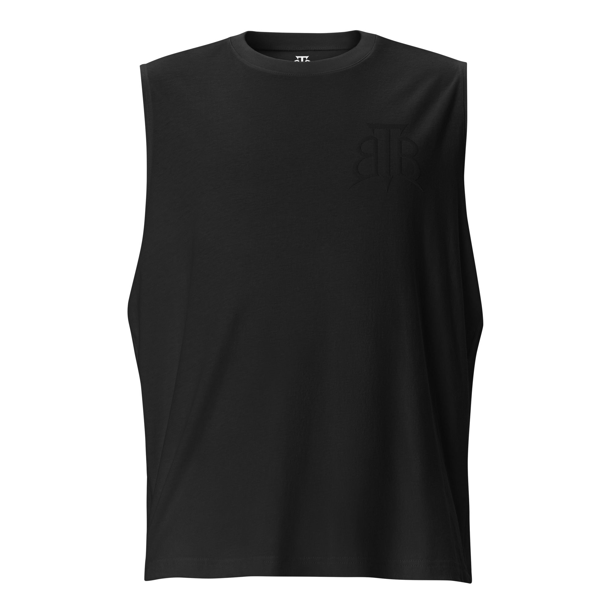 Shop the Embroidered BlazeCrest Cotton Muscle Shirt by Teddy Blaze. 142 GSM black Airlume cotton sleeveless tee embodying quiet luxury and stealth wealth from The Mature Mocha Collection.