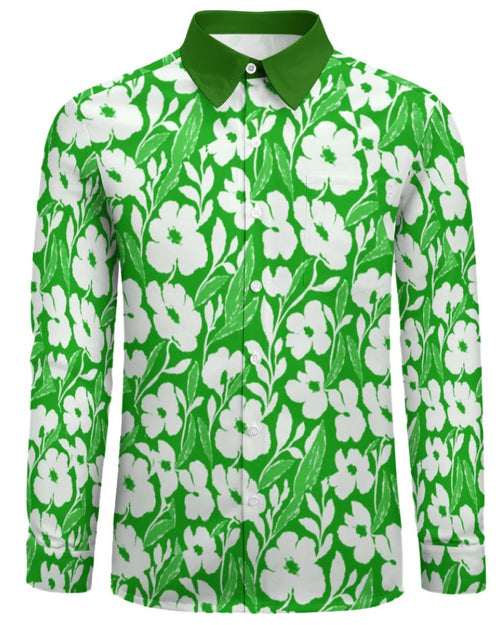 Shop the Iron + Ivy Emerald Blossom Peach Velvet Shirt by Teddy Blaze. Long sleeve peach velvet button-down featuring a white floral botanical print and contrast green collar.