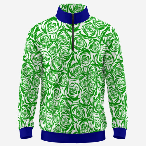 Shop the Iron + Ivy Emerald Rose Contrast Trim Quarter Zip by Teddy Blaze. Performance 230 GSM stretch quarter-zip pullover in an emerald green rose motif with royal blue trim.