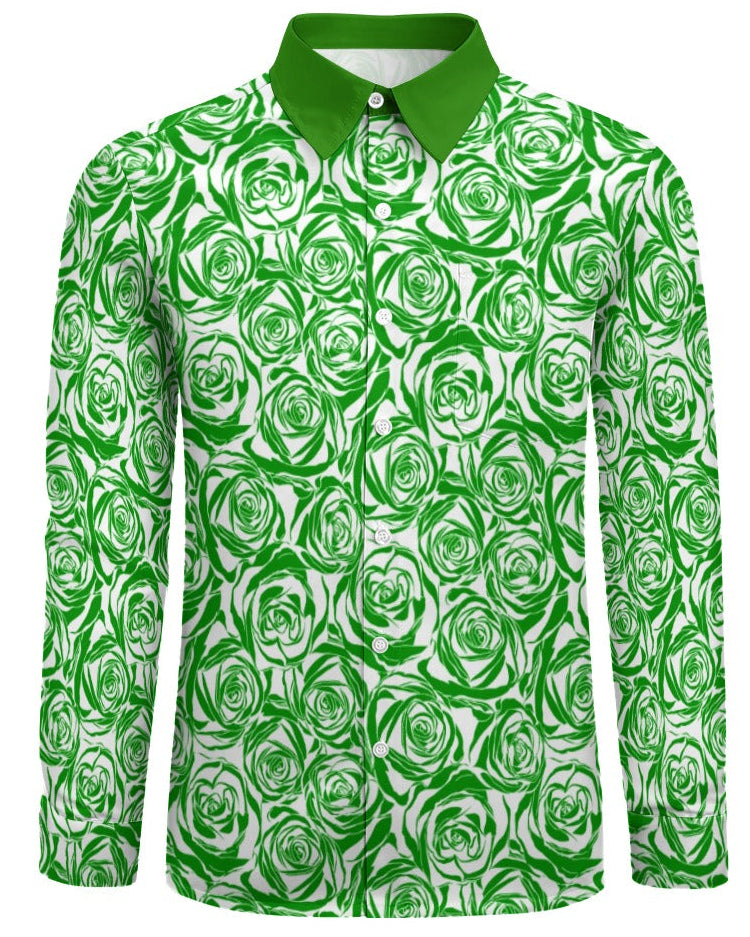 Shop the Iron + Ivy Emerald Rose Peach Velvet Shirt by Teddy Blaze. Long sleeve button-down in soft peach velvet featuring a green rose graphic print and solid collar.