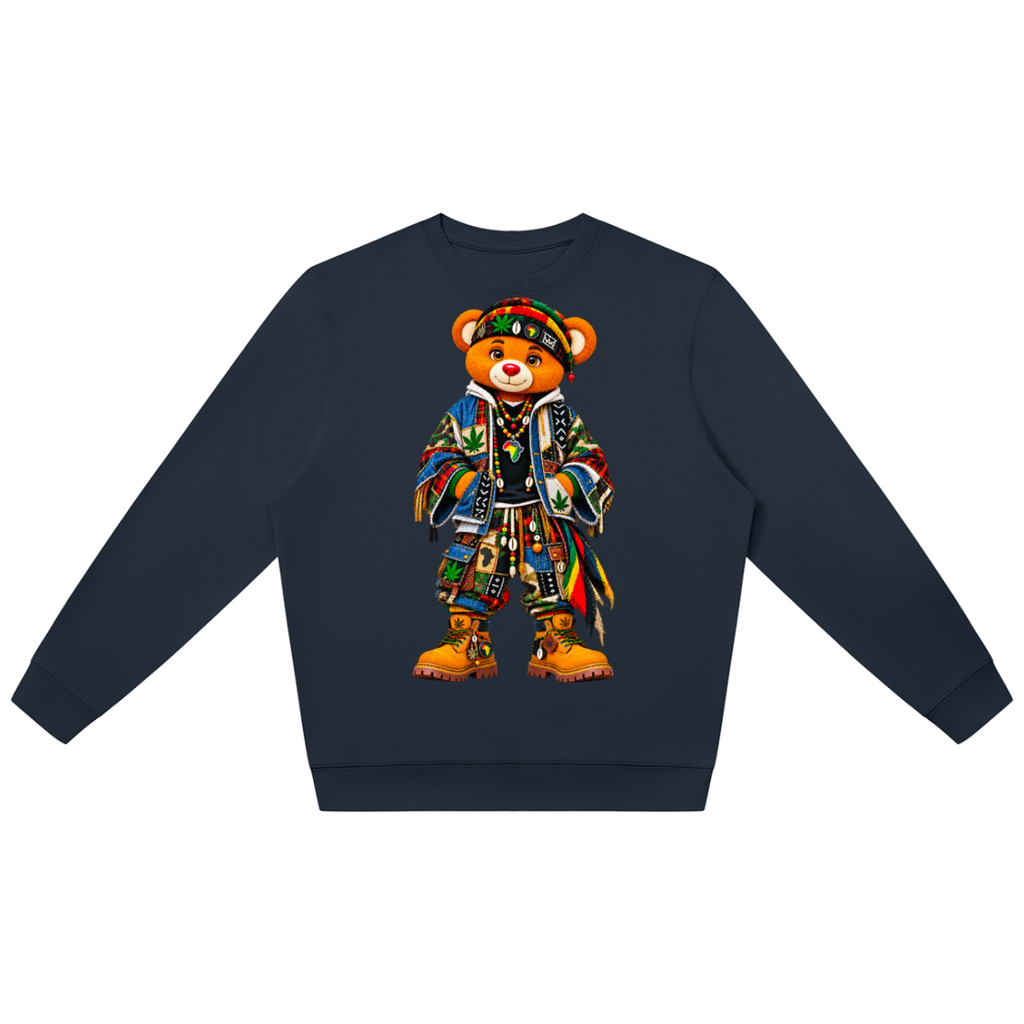 Shop the ENY Bearatoo Oversized Jumper, a unisex Teddy Blaze graphic layer connecting East New York, AfroBohemian style and Afrodemia Americana.