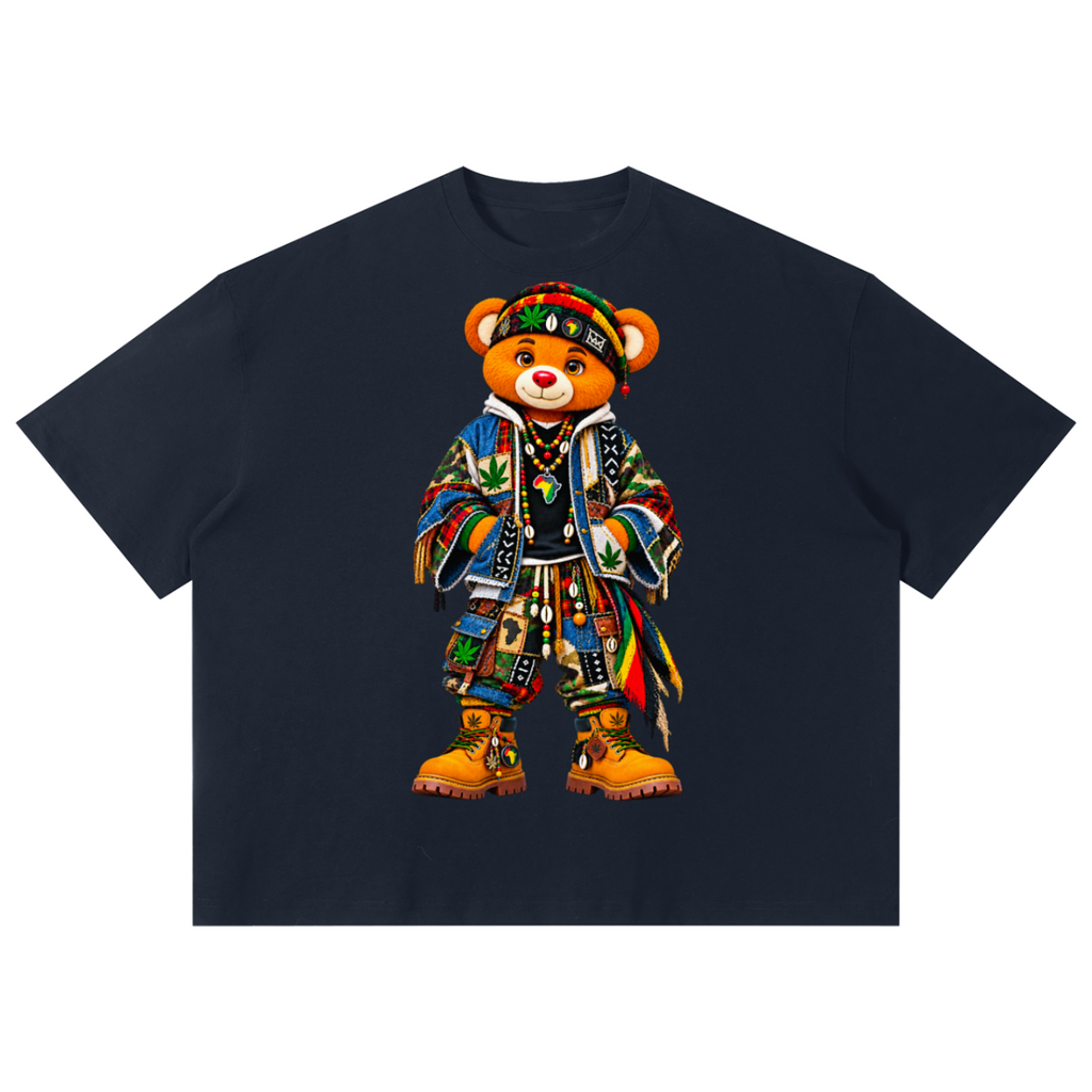 Shop the ENY Bearatoo Sorona Boxy Tee, a unisex Teddy Blaze graphic tee connecting East New York, AfroBohemian style and Afrodemia Americana.