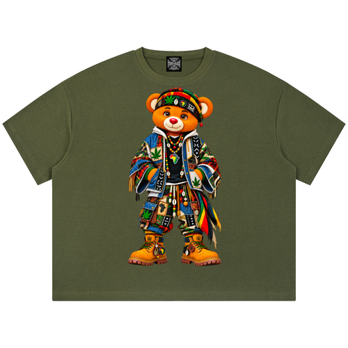 Shop the ENY Bearatoo Boxy Tee by Teddy Blaze, a heavyweight-feel graphic streetwear tee connecting Bearatoo, East New York and Afrodemia Americana.
