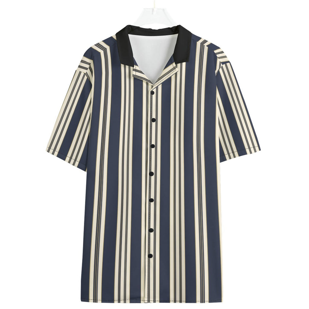 Shop the Executive Stripe Contrast Collar Camp Shirt by Teddy Blaze. 120 GSM lightweight navy and cream striped resort button-down from WHAT'S ON TOP.