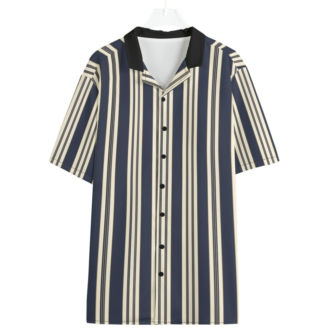 Shop the Executive Stripe Contrast Collar Camp Shirt by Teddy Blaze. 120 GSM lightweight navy and cream striped resort button-down from WHAT'S ON TOP.