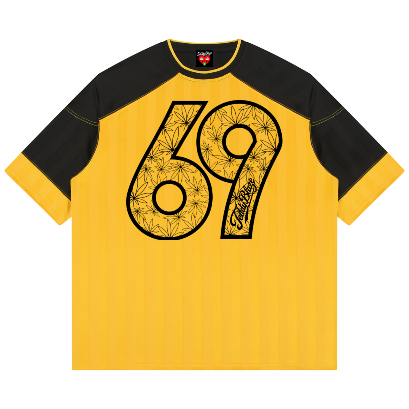 A yellow and black short-sleeve soccer jersey with the number 69 in a floral pattern on the front, displayed flat against a white background.
