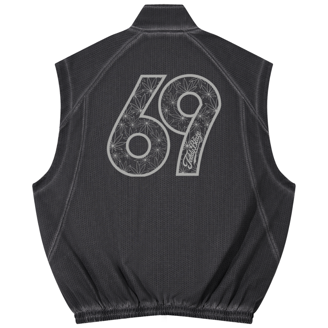 A black sleeveless mesh vest shown from the back, featuring a large white '69' graphic filled with intricate floral and geometric patterns.