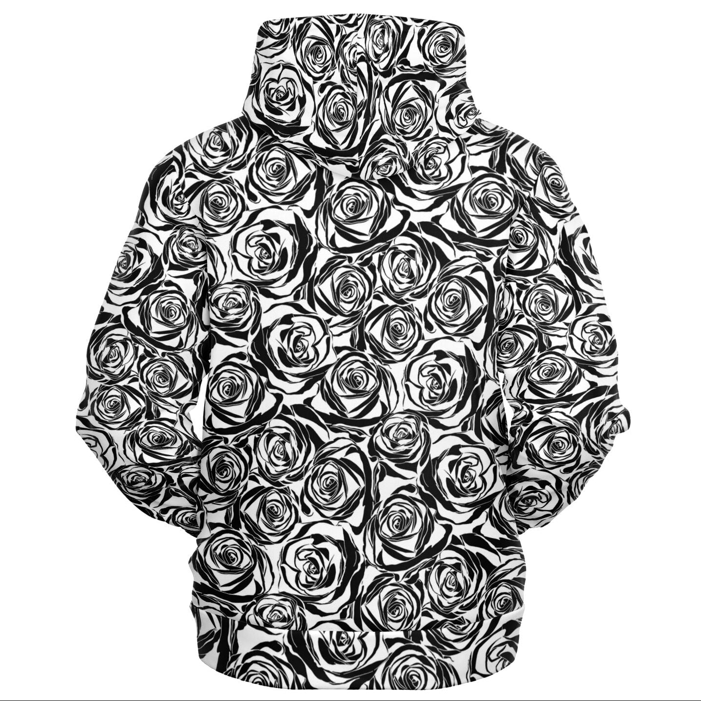 Shop the Rose in Reverse Hooded Jumper by Teddy Blaze. Recycled poly-spandex stretch hoodie with monochrome rose print & red script-lined hood from HIGH ROLLERS OUTERWEAR.