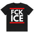 A black short-sleeve crewneck t-shirt featuring a bold graphic print on the front. The graphic displays the text 'FCK ICE' in large, white, sans-serif capital letters, framed by two horizontal red bars, one above and one below the text.