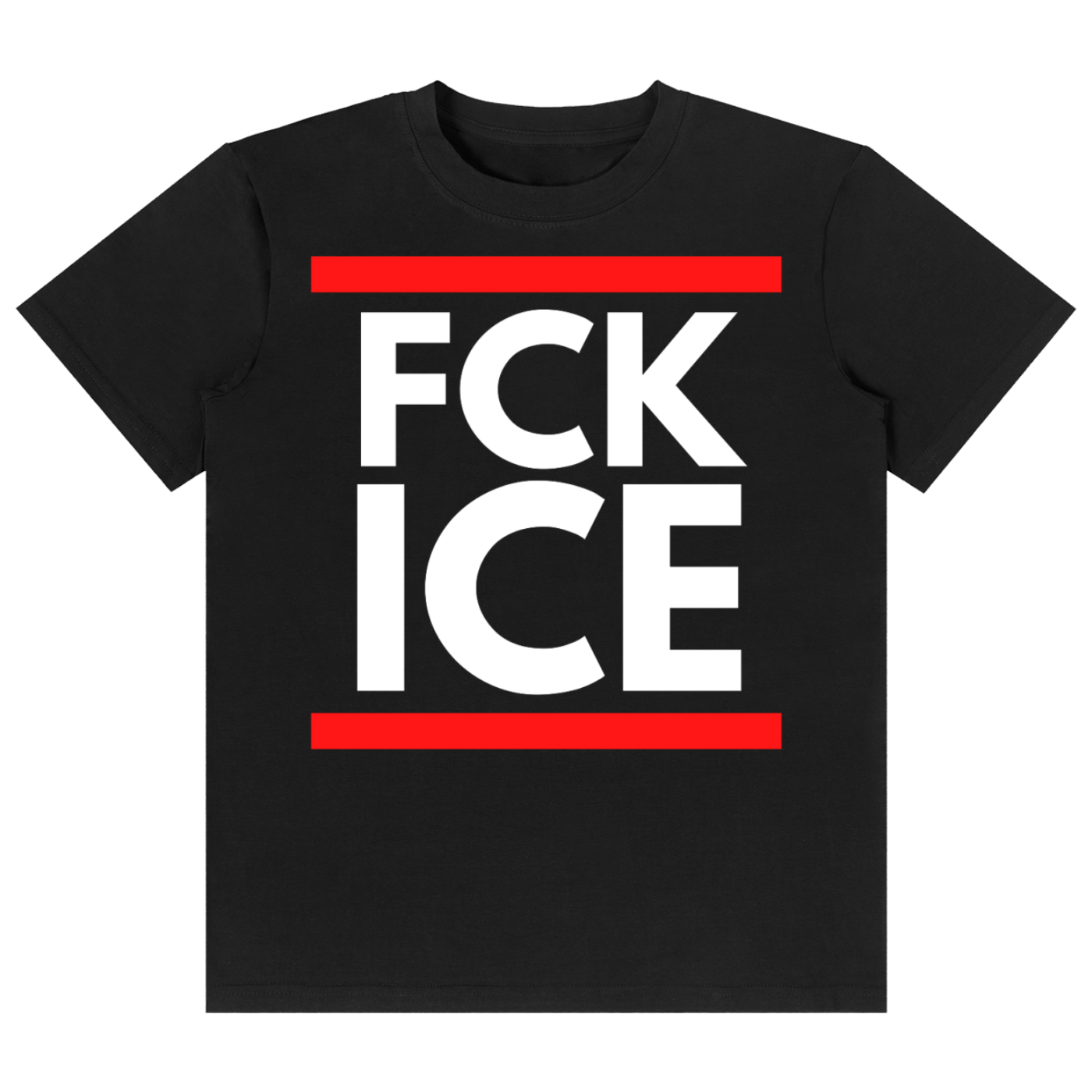 A black short-sleeve crewneck t-shirt featuring a bold graphic print on the front. The graphic displays the text 'FCK ICE' in large, white, sans-serif capital letters, framed by two horizontal red bars, one above and one below the text.