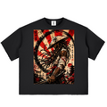 A black short-sleeve t-shirt with a distressed, high-contrast graphic print on the front. The graphic features a Japanese samurai with a katana, a red and black circular motif, and Japanese calligraphy.