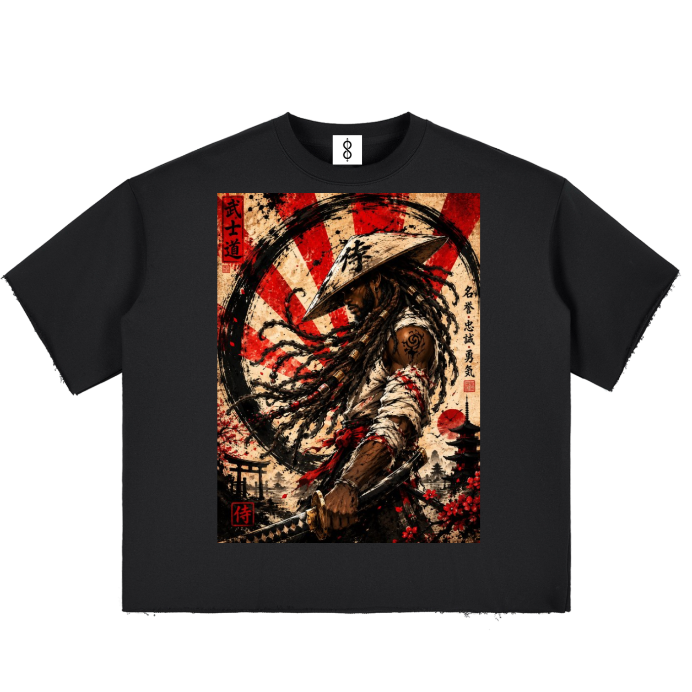 A black short-sleeve t-shirt with a distressed, high-contrast graphic print on the front. The graphic features a Japanese samurai with a katana, a red and black circular motif, and Japanese calligraphy.