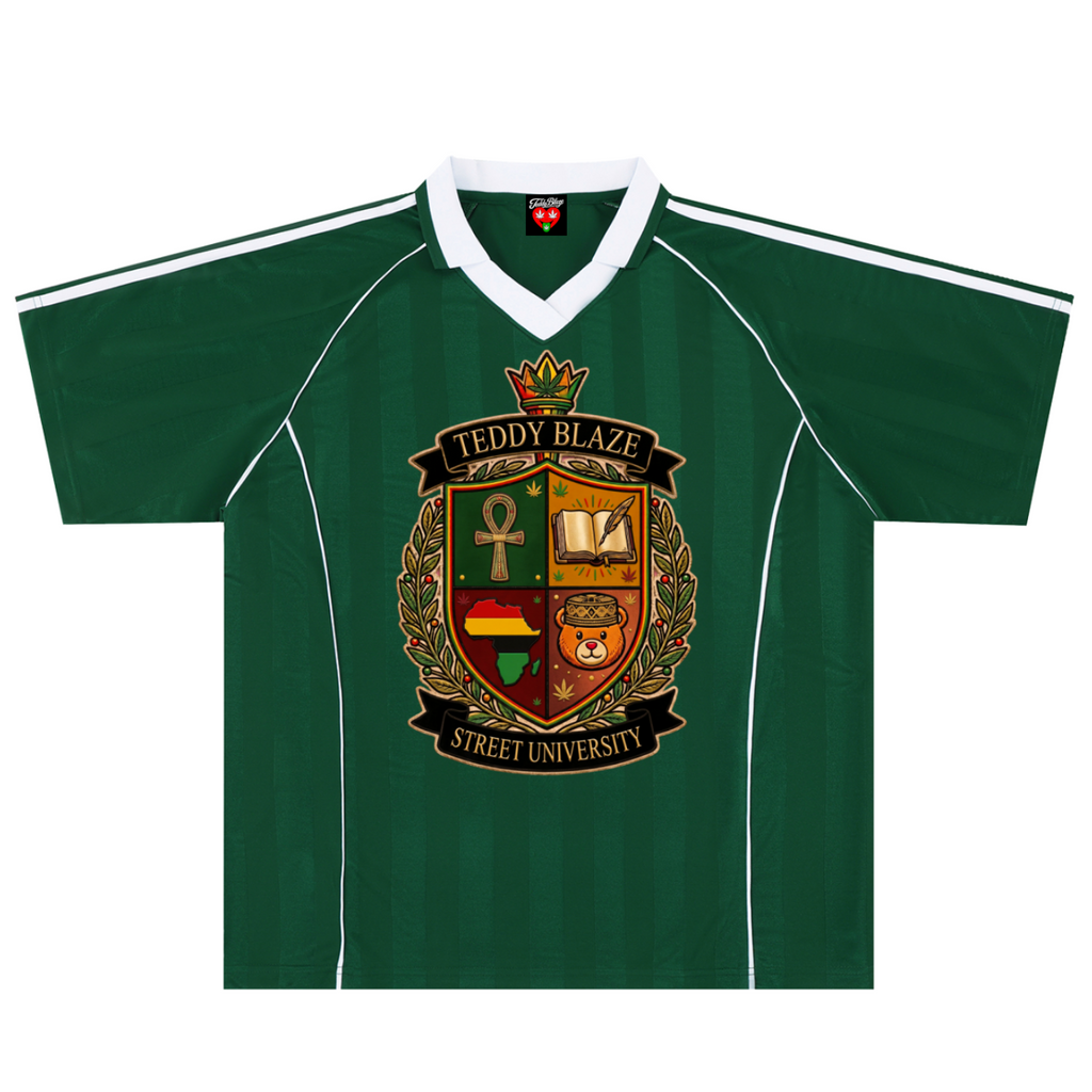 A dark green short-sleeve V-neck jersey with white shoulder stripes and a large 'Teddy Blaze Street University' crest printed on the chest, shown on a plain white background.