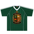 A dark green short-sleeve V-neck jersey with white shoulder stripes and a large 'Teddy Blaze Street University' crest printed on the chest, shown on a plain white background.
