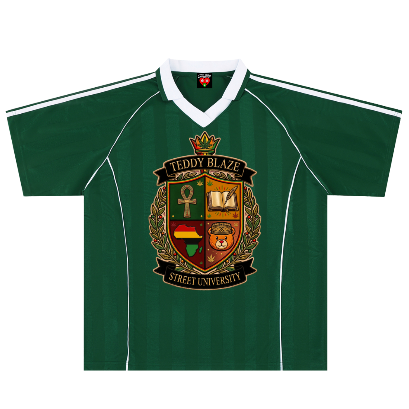A dark green short-sleeve V-neck jersey with white shoulder stripes and a large 'Teddy Blaze Street University' crest printed on the chest, shown on a plain white background.