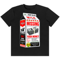 A black short-sleeve crewneck t-shirt featuring a parody graphic of a milk carton styled like a missing cow advertisement, with the text 'TEDDY BLAZE MILK MISSING YOUR MONEY' and a cartoon smiley face.
