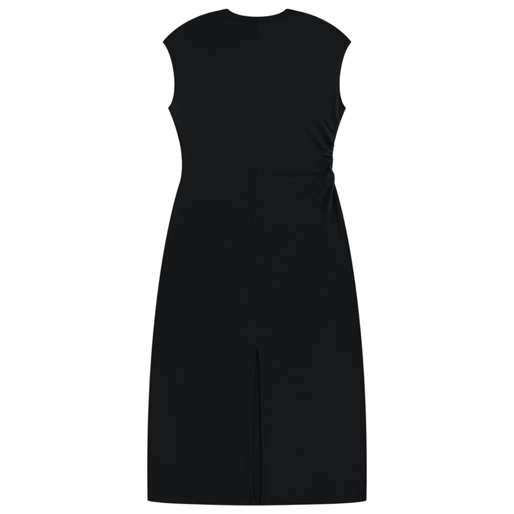 A sleek black ruched sleeveless dress featuring Teddy Blaze Afrodemia Americana iconography, stretch rayon construction and a sculpted maxi silhouette.