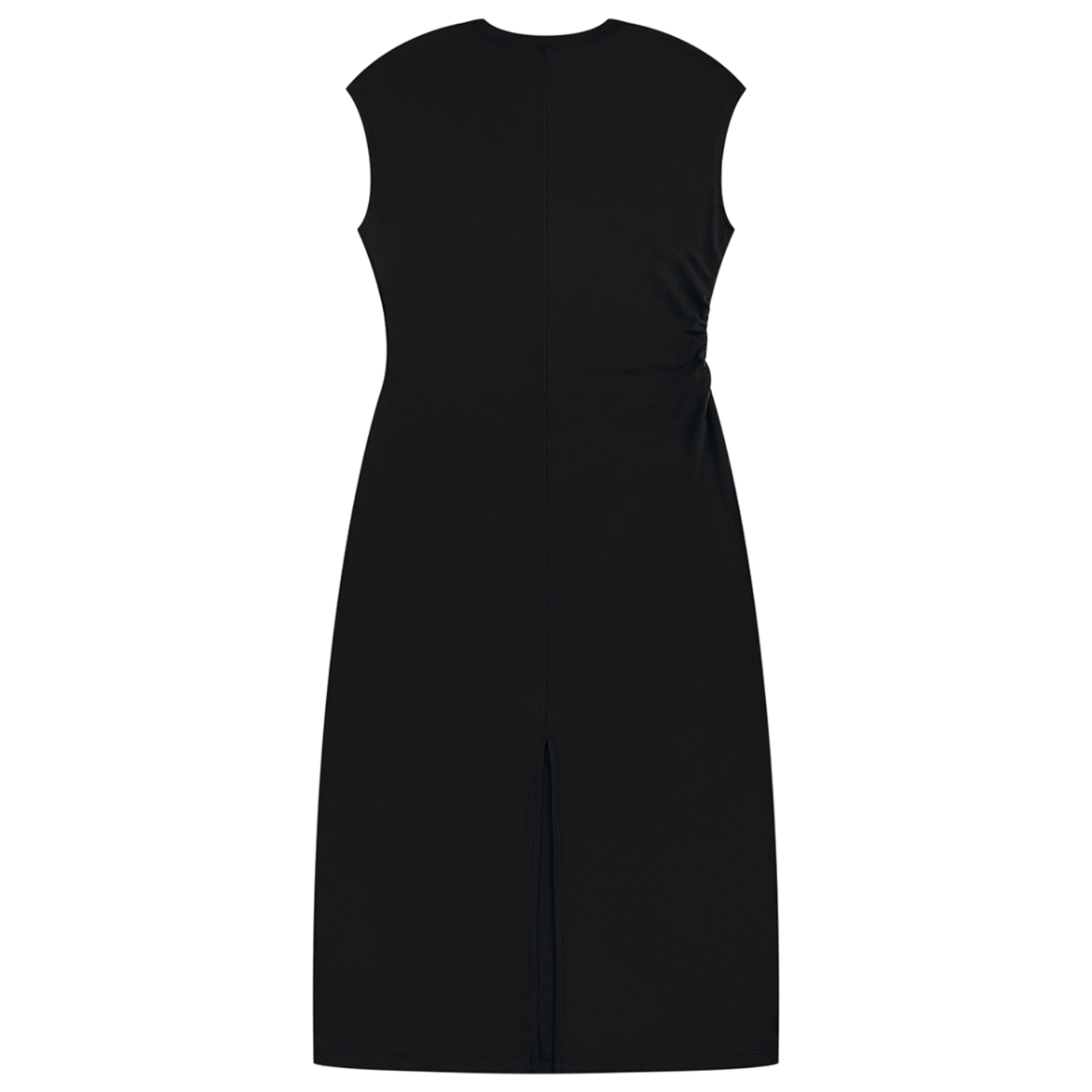 A sleek black ruched sleeveless dress featuring Teddy Blaze Afrodemia Americana iconography, stretch rayon construction and a sculpted maxi silhouette.