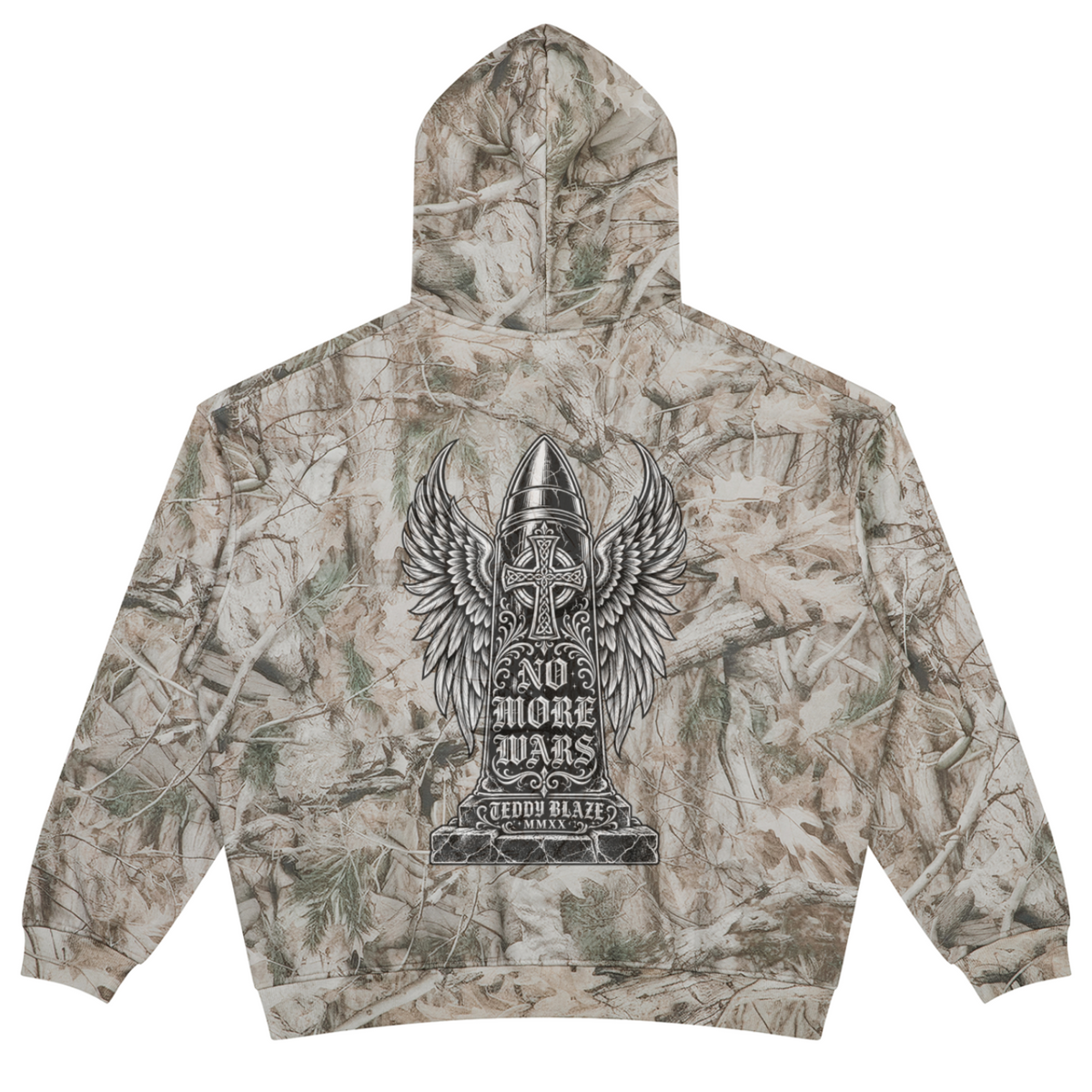 Elevate your streetwear layering with the House of Teddy Blaze No More Wars Tree Camo Fleece Pullover Hoodie. Tree camo 340 gsm fleece, crossover hood, kangaroo pocket, and gothic "No More Wars" back graphic. Shop NYC to Vegas style.