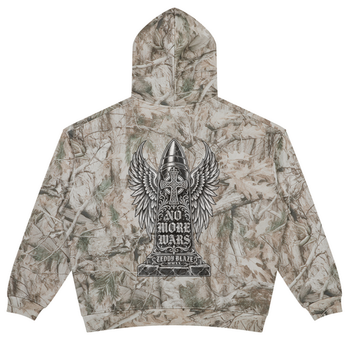 Elevate your streetwear layering with the House of Teddy Blaze No More Wars Tree Camo Fleece Pullover Hoodie. Tree camo 340 gsm fleece, crossover hood, kangaroo pocket, and gothic "No More Wars" back graphic. Shop NYC to Vegas style.