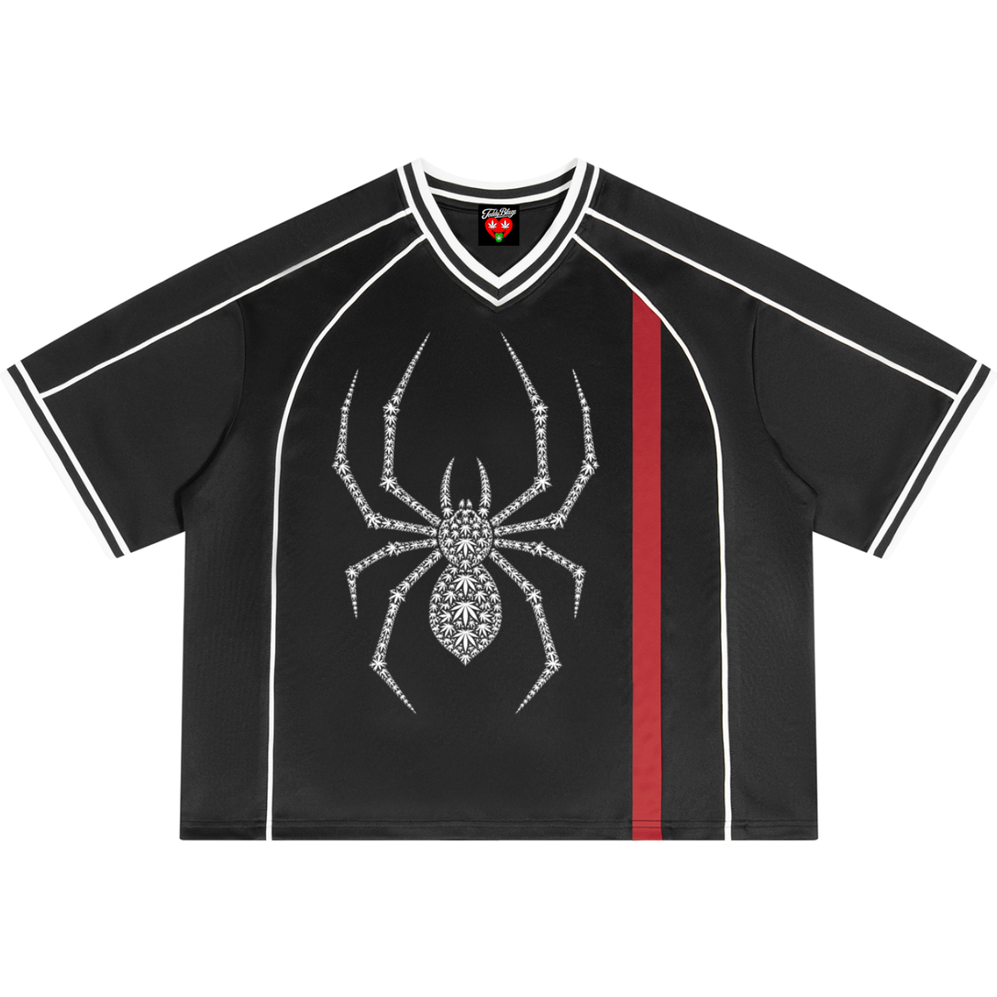A black short-sleeve V-neck t-shirt featuring a large rhinestone spider graphic on the front, a vertical red stripe on the right side, and white piping details.