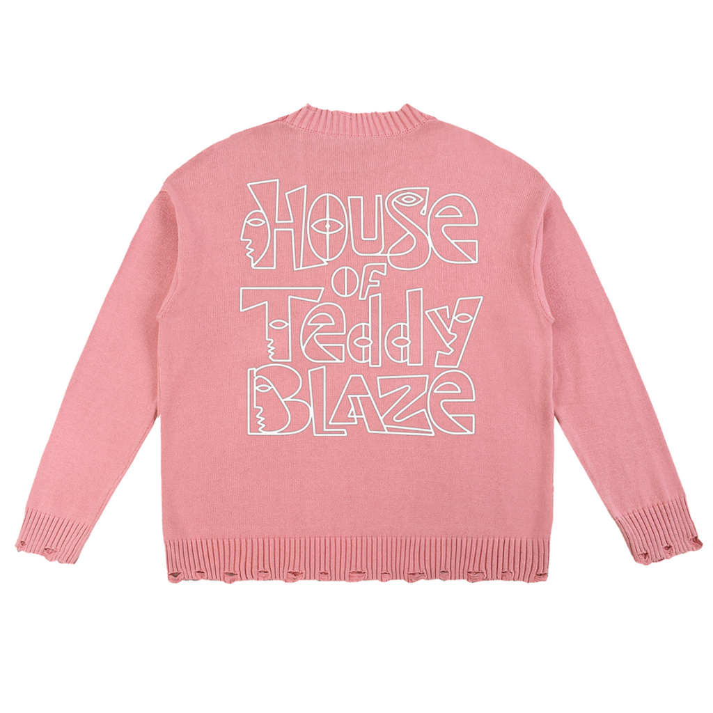 A pink knit sweater shown from the back, featuring the words 'House of Teddy Blaze' printed in a large white outline font across the center.