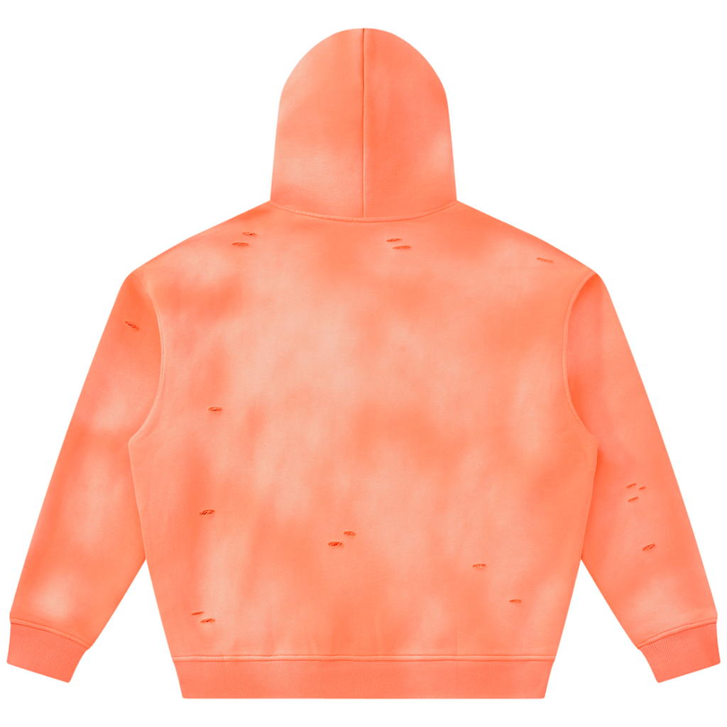 Shop the Iron + Ivy RIGBY Sunfade Frayed Fleece Pullover Hoodie by Teddy Blaze. Extra-thick 350 GSM peach-coral sunfaded fleece hoodie with distressed micro-ripping and RIGBY bear crest.