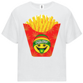 A white short-sleeve crewneck t-shirt featuring a graphic print of golden french fries in a red paper container with a green and yellow smiley face logo that reads 'Funky Berry'.