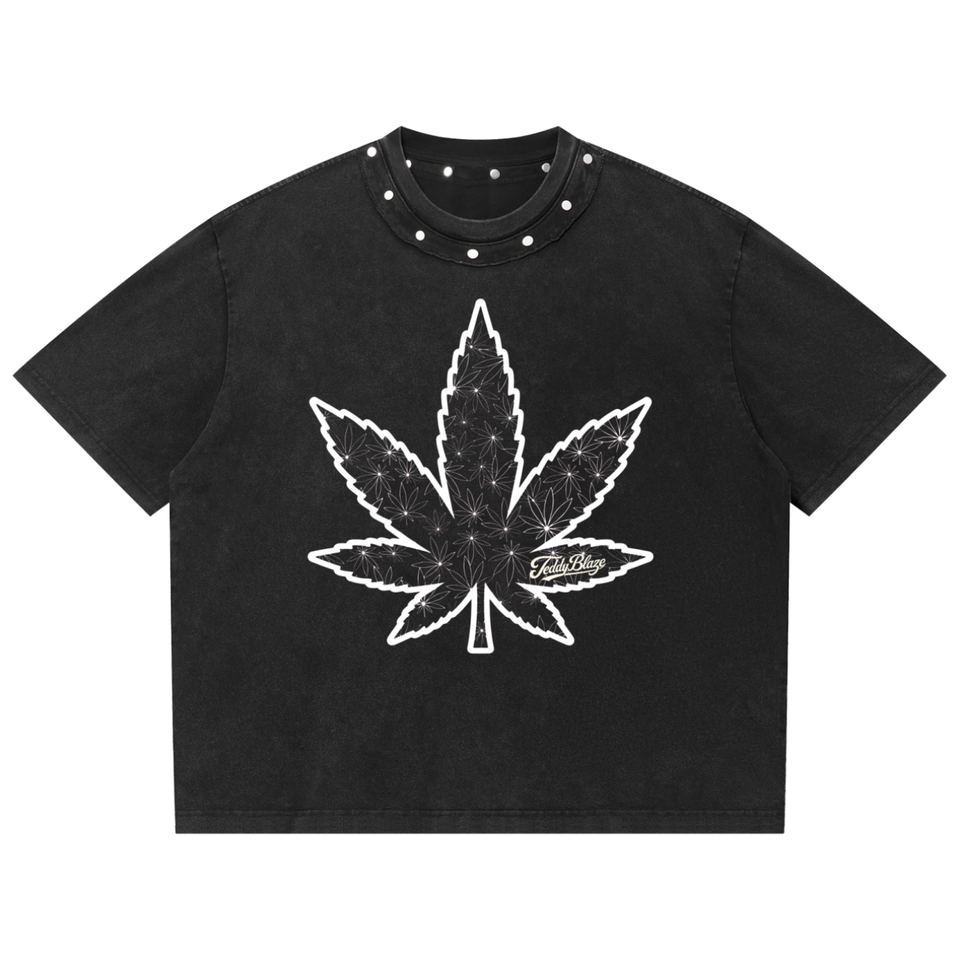 A black short-sleeve crop top t-shirt with a white outlined cannabis leaf graphic on the front, featuring a small 'Fate' brand logo integrated into the leaf design. The shirt has silver metal studs along the collar.