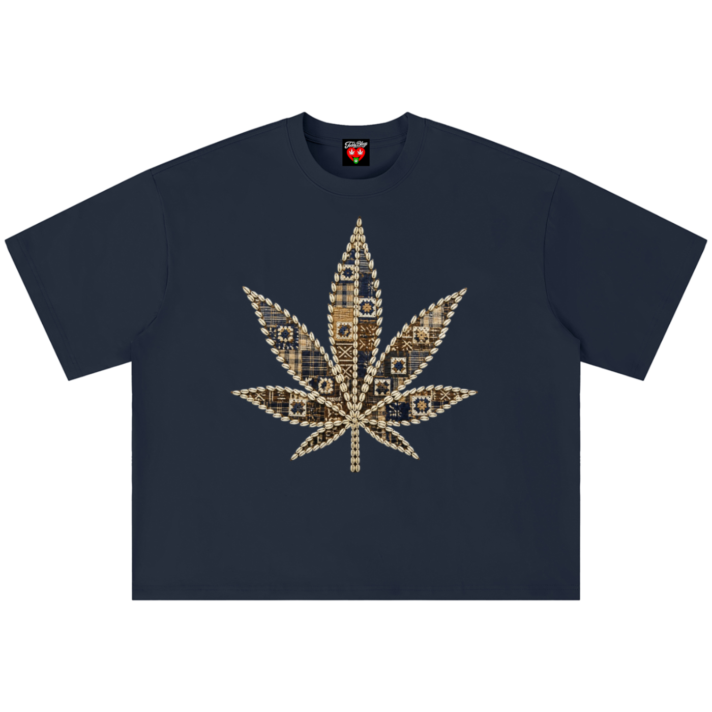 A navy blue short-sleeve t-shirt with a large cannabis leaf graphic on the chest, constructed from gold and brown geometric patterns, shown against a plain white background.
