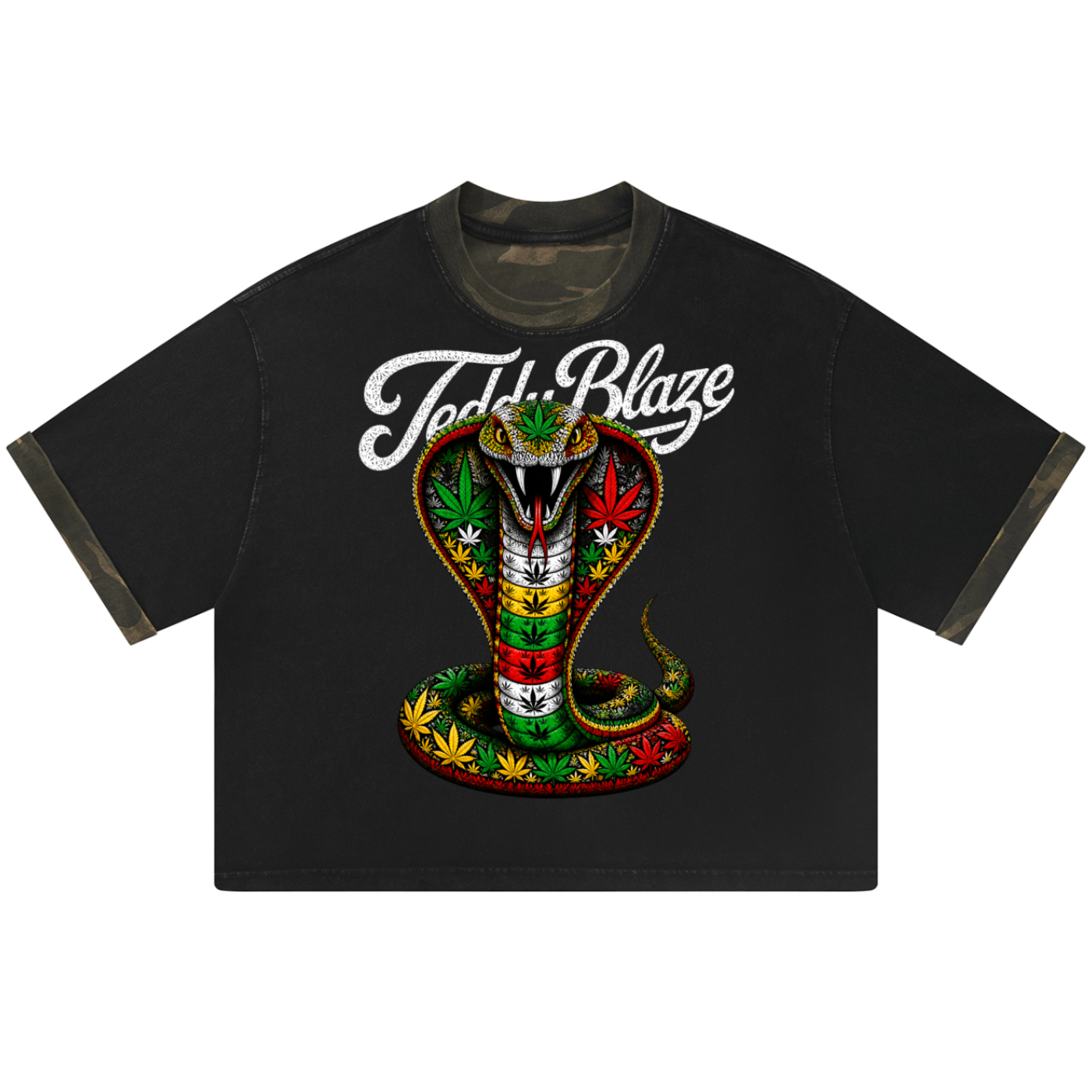 A black ringer t-shirt featuring a large graphic of a hooded snake with green, red, and yellow stripes, adorned with cannabis leaves, and the text 'Teddy Blaze' in white script above it.