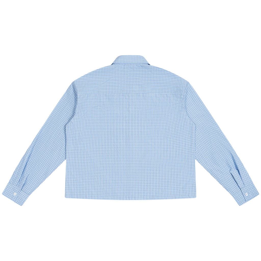 Shop the Signature Boxy Plaid Long Sleeve Shirt by Teddy Blaze. 100 GSM lightweight blue plaid button-up shirt with white script embroidery from HIGH ROLLERS OUTERWEAR.