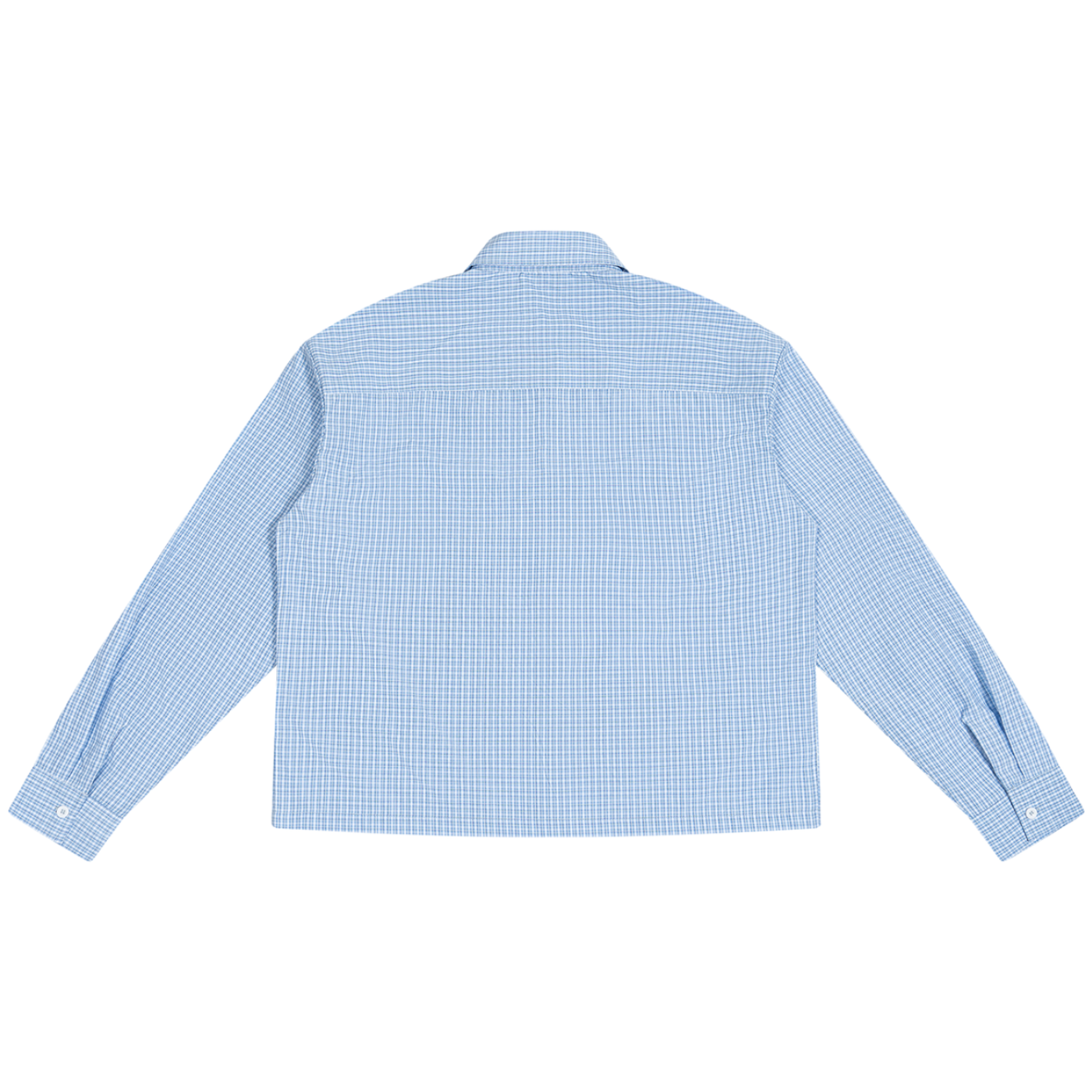 Shop the Signature Boxy Plaid Long Sleeve Shirt by Teddy Blaze. 100 GSM lightweight blue plaid button-up shirt with white script embroidery from HIGH ROLLERS OUTERWEAR.