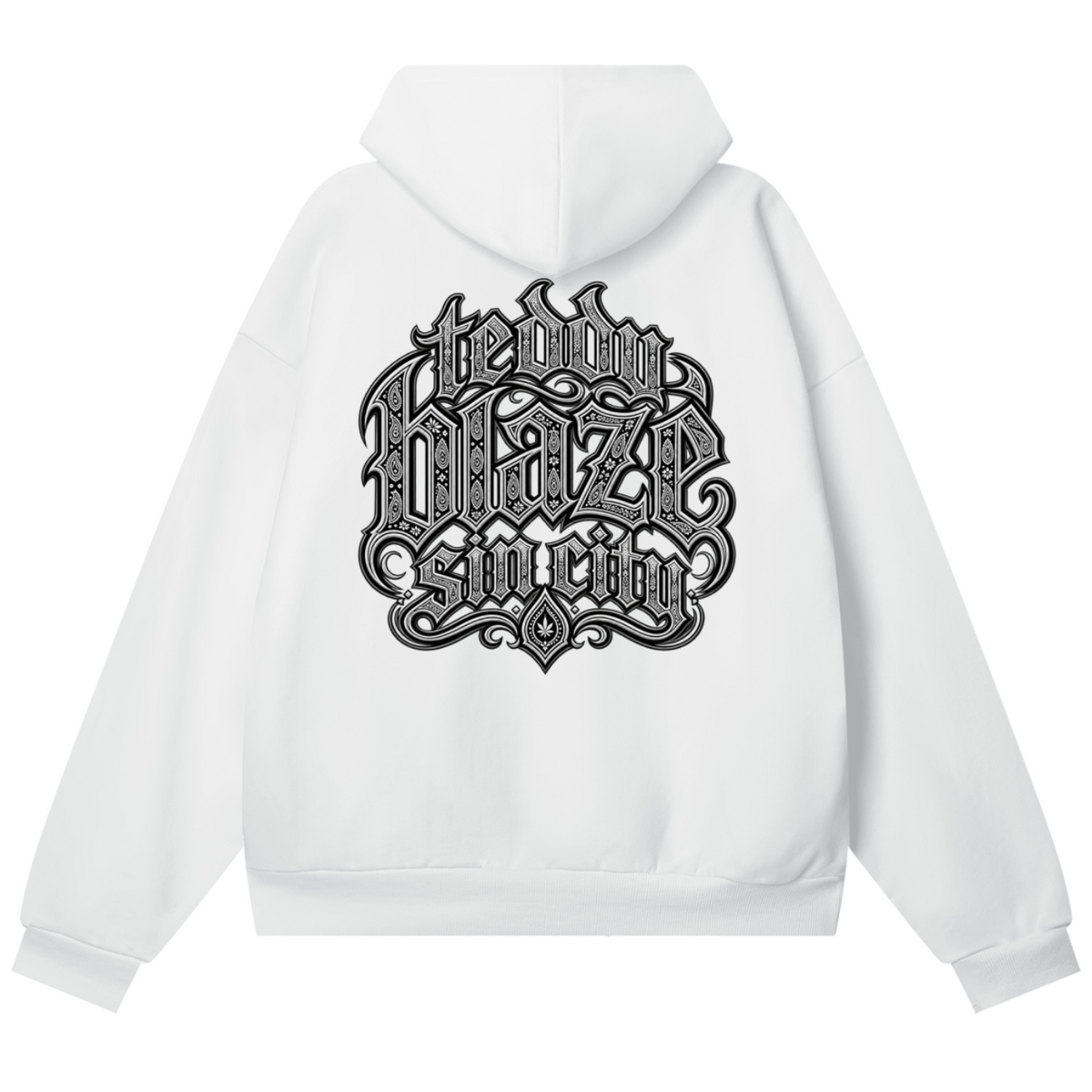 Elevate your winter outerwear with the Teddy Blaze Sin City Sacred Hidden Pocket Fleece Hoodie. Ultra-heavy 460 gsm white fleece, hidden pockets, and tattoo praying hands graphic. Shop NYC to Vegas style.