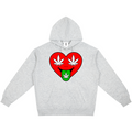 A light heather gray pullover hoodie featuring a graphic of a red heart with two white cannabis leaves as eyes and a green leaf on its tongue, displayed on a solid white background.