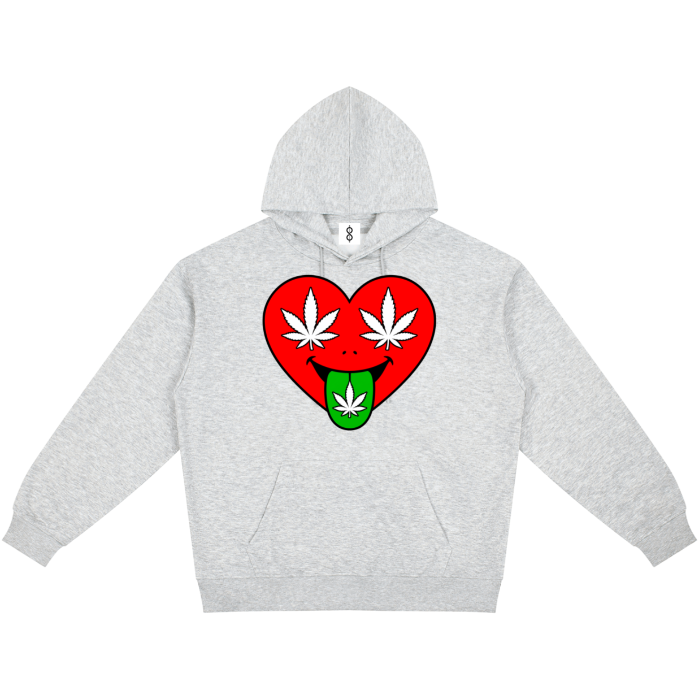 A light heather gray pullover hoodie featuring a graphic of a red heart with two white cannabis leaves as eyes and a green leaf on its tongue, displayed on a solid white background.