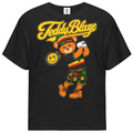 A black short-sleeve t-shirt with a large graphic of a cartoon teddy bear wearing a Rasta-themed outfit and a yellow 'Teddy Blaze' logo across the chest, shown on a plain white background.