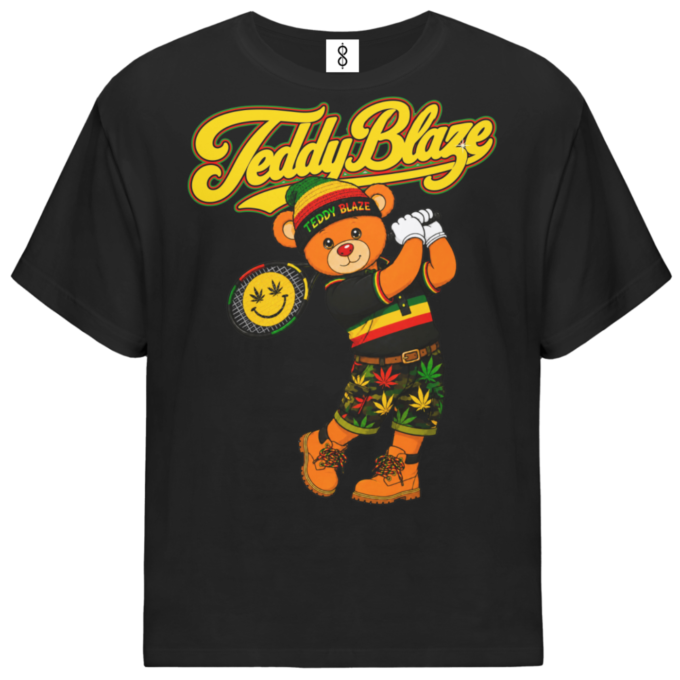 A black short-sleeve t-shirt with a large graphic of a cartoon teddy bear wearing a Rasta-themed outfit and a yellow 'Teddy Blaze' logo across the chest, shown on a plain white background.