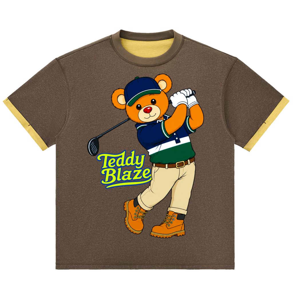 Children's t-shirt with teddy bear graphic and 'Teddy Blaze' text on a brown background