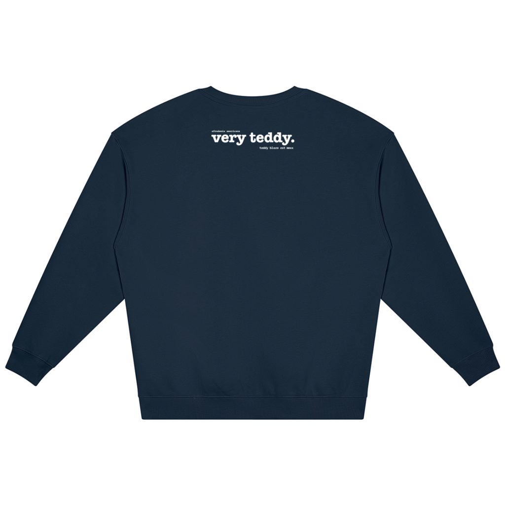 Heavyweight 360 GSM Bearatoo jumper in deep navy with Afrodemia-inspired artwork, oversized unisex proportions and Very Teddy back branding.