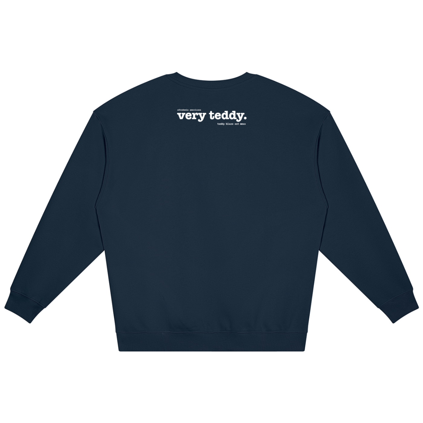 Heavyweight 360 GSM Bearatoo jumper in deep navy with Afrodemia-inspired artwork, oversized unisex proportions and Very Teddy back branding.